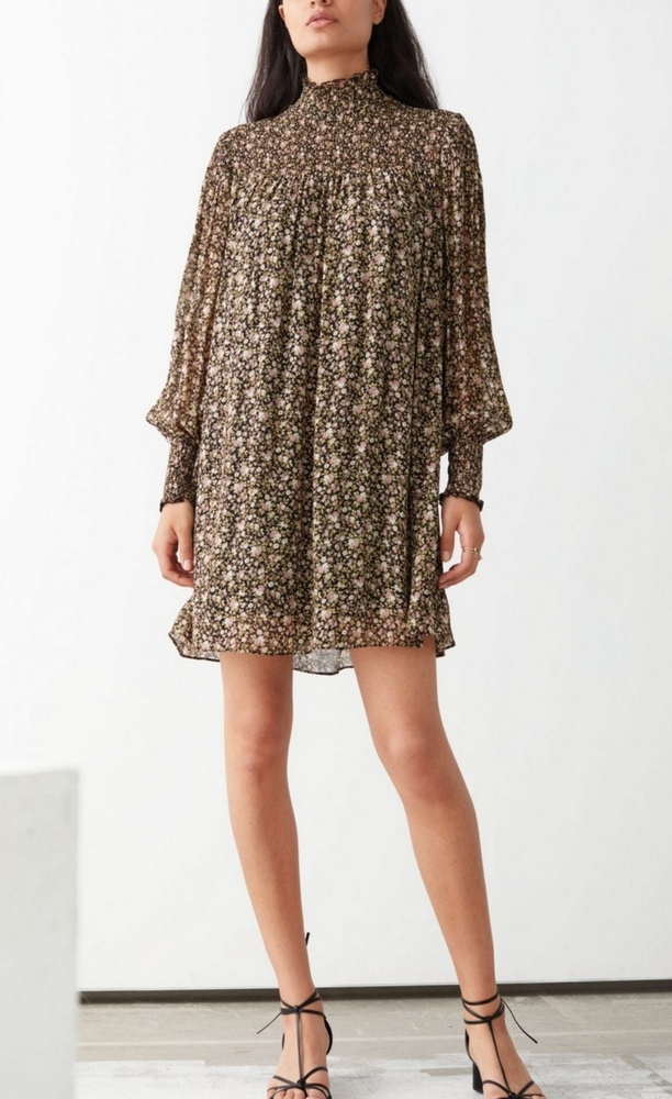 & Other Stories Sheer Smocked Mini Dress Floral Print 4 Lined